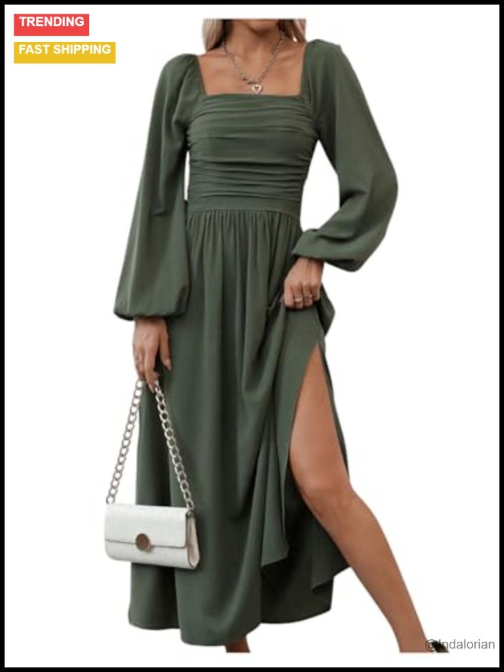 Floerns Women's Square Neck Lantern Long Sleeve Split Ruched Midi Dress